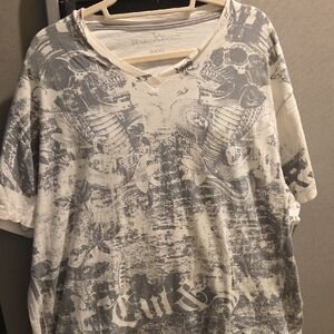 Marc Ecko Gray and White Short Sleeve Tee with Distressed Design
